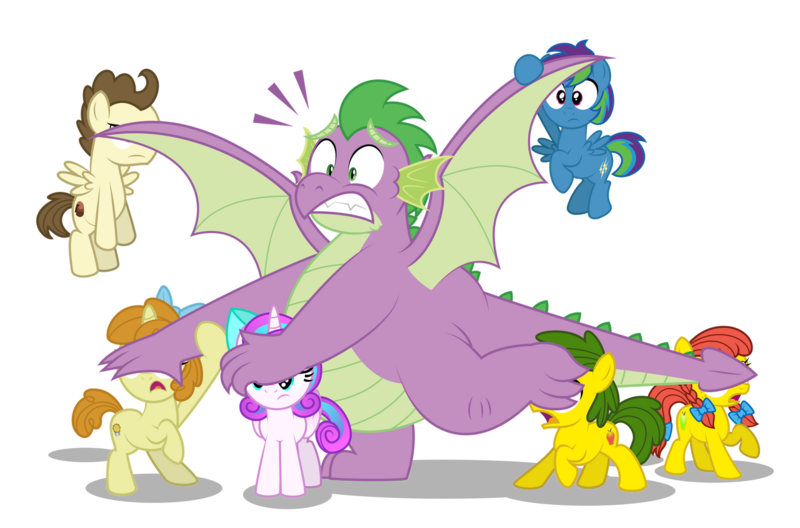 Size: 1280x845 | Tagged: safe, artist:aleximusprime, derpibooru import, pound cake, princess flurry heart, pumpkin cake, spike, oc, oc:annie smith, oc:apple chip, oc:storm streak, alicorn, dragon, earth pony, pegasus, unicorn, flurry heart's story, apple twins, bow, cake twins, covering eyes, don't look at it, fat, fat spike, freckles, offspring, older, older flurry heart, older pound cake, older pumpkin cake, older spike, parent:applejack, parent:oc:thunderhead, parent:rainbow dash, parent:tex, parents:canon x oc, parents:texjack, peaking, pigtails, shielding face, siblings, simple background, surprised, think of the children, transparent background, twins, vector, winged spike