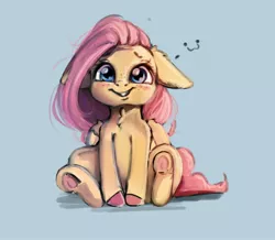 Size: 2659x2317 | Tagged: safe, artist:miokomata, derpibooru import, fluttershy, pegasus, pony, :3, blue background, blushing, colored hooves, cute, female, floppy ears, freckles, freckleshy, frog (hoof), grin, high res, looking at you, mare, shyabetes, simple background, sitting, smiling, solo, underhoof