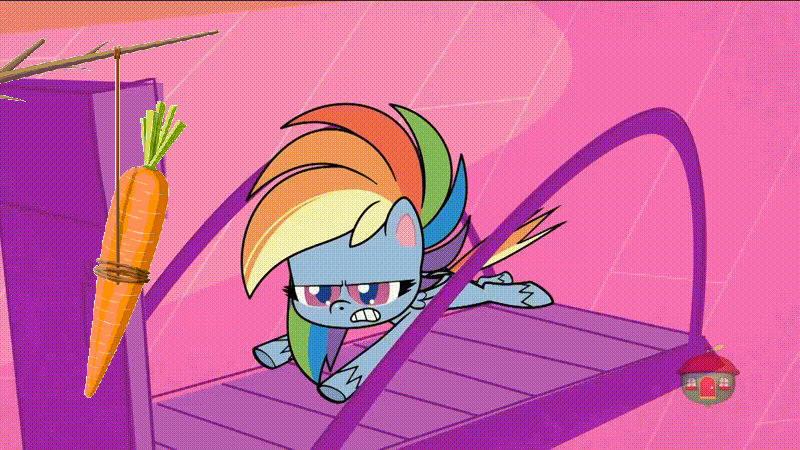 Size: 800x450 | Tagged: safe, derpibooru import, edit, edited screencap, screencap, rainbow dash, pegasus, pony, my little pony: pony life, the mysterious voice, spoiler:pony life s01e20, spoiler:pony life s01e33, animated, carrot, female, food, gif, herbivore, horses doing horse things, mare, running, treadmill, treehouse logo
