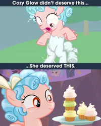Size: 640x800 | Tagged: safe, derpibooru import, edit, screencap, cozy glow, pegasus, pony, frenemies (episode), the ending of the end, a better ending for cozy, caption, cozy deserved this, cozy glow drama, cozybuse, cupcake, drama, female, food, hoof hold, image macro, meme, petrification, punish the villain, punishment, solo, stacked, text