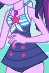 Size: 806x1191 | Tagged: safe, derpibooru import, screencap, sci-twi, twilight sparkle, equestria girls, equestria girls series, forgotten friendship, beach shorts swimsuit, boobshot, breasts, clothes, cropped, female, geode of telekinesis, jewelry, magical geodes, necklace, one-piece swimsuit, sci-twi swimsuit, sleeveless, solo, swimsuit, twilight sparkes' beach shorts swimsuit