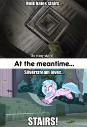 Size: 720x1050 | Tagged: safe, derpibooru import, edit, edited screencap, editor:thread8, screencap, silverstream, classical hippogriff, hippogriff, avengers: endgame, caption, contrast, female, meme, stairs, that hippogriff sure does love stairs, the incredible hulk