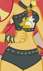 Size: 646x1077 | Tagged: safe, derpibooru import, screencap, sunset shimmer, equestria girls, equestria girls series, unsolved selfie mysteries, beach shorts swimsuit, bikini, bikini bottom, bikini top, boobshot, breasts, clothes, cropped, female, geode of empathy, image, jewel, jewelry, magical geodes, necklace, pictures of bellies, png, sleeveless, solo, sunset shimmer swimsuit, sunset shimmer's beach shorts swimsuit, swimsuit