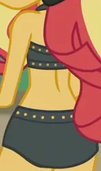 Size: 622x1051 | Tagged: safe, derpibooru import, screencap, sunset shimmer, equestria girls, equestria girls series, unsolved selfie mysteries, ass, beach shorts swimsuit, bikini, bikini bottom, bikini top, breasts, bunset shimmer, butt, clothes, cropped, female, sleeveless, solo, sunset shimmer's beach shorts swimsuit, swimsuit