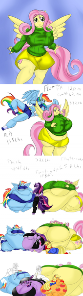 Size: 1280x4512 | Tagged: suggestive, artist:mad'n evil, derpibooru import, editor:feherdavid, applejack, fluttershy, pinkie pie, rainbow dash, rarity, twilight sparkle, twilight sparkle (alicorn), alicorn, anthro, pony, applebutt, applefat, bbw, belly, belly button, belt, big belly, big breasts, bingo wings, blush sticker, blushing, breasts, busty applejack, busty fluttershy, busty pinkie pie, busty rainbow dash, busty twilight sparkle, butt, chubby cheeks, comic, double chin, fat, fattershy, female, floating heart, flutterbutt, heart, huge belly, huge breasts, huge butt, image, impossibly large belly, impossibly large breasts, impossibly large butt, large butt, morbidly obese, neck roll, obese, png, rainblob dash, rainbutt dash, twibutt, twilard sparkle, weight gain sequence