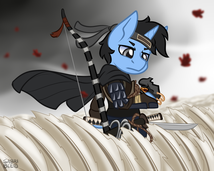 Size: 1280x1024 | Tagged: safe, artist:sabrib, derpibooru import, oc, oc:tinker doo, unofficial characters only, unicorn, armor, bow, cape, clothes, cosplay, costume, flower, ghost of tsushima, headband, katana, mask, samurai, solo, sword, weapon