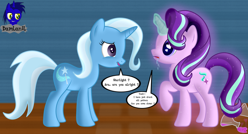 Size: 7680x4154 | Tagged: safe, artist:damlanil, derpibooru import, starlight glimmer, trixie, pony, unicorn, absurd resolution, comic, dialogue, drool, duo, female, heart, heart eyes, horn, magic, magic aura, mare, potion, show accurate, text, this will end in snu snu, this will end in snuggles, this will not end well, trixie's wagon, vector, wingding eyes