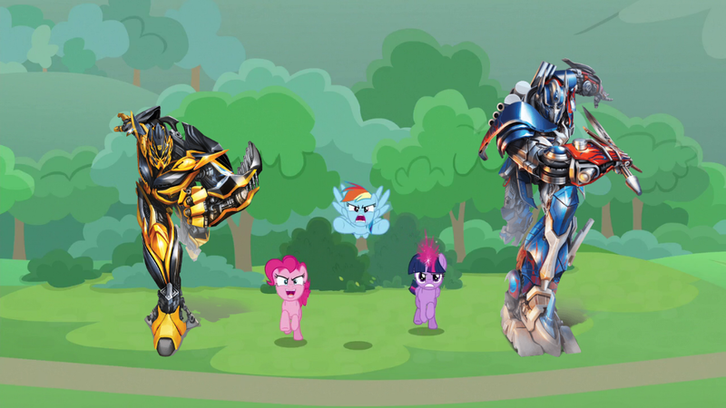 Size: 1080x607 | Tagged: safe, derpibooru import, edit, edited screencap, screencap, pinkie pie, rainbow dash, twilight sparkle, twilight sparkle (alicorn), alicorn, earth pony, pegasus, pony, the ending of the end, anti-nihilists, bumblebee (transformers), charging, crossover, image, optimus prime, png, transformers, transformers: age of extinction