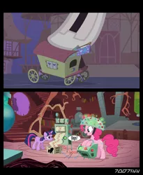 Size: 1288x1572 | Tagged: safe, derpibooru import, edit, edited screencap, editor:teren rogriss, screencap, pinkie pie, sweetie belle, twilight sparkle, earth pony, robot, unicorn, boast busters, feeling pinkie keen, female, giant robot, giantess, machinery, macro, ponyville, sweetie bot, this will end in property damage, trixie's wagon, twilight's lab, unicorn twilight