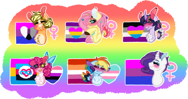 Size: 1280x678 | Tagged: safe, artist:ae4-universes, derpibooru import, applejack, fluttershy, pinkie pie, rainbow dash, rarity, twilight sparkle, twilight sparkle (alicorn), alicorn, earth pony, pegasus, pony, unicorn, alternate design, alternate hairstyle, asexual, asexual pride flag, bisexual pride flag, blushing, bow, chest fluff, curved horn, demiromantic, demiromantic pride flag, eyes closed, eyeshadow, female, freckles, gender headcanon, genderfluid, genderfluid pride flag, grin, hair bow, headcanon, heart, heterochromia, horn, image, lesbian pride flag, lgbt headcanon, makeup, mane six, mare, markings, mouthpiece, panromantic, panromantic pride flag, pansexual pride flag, png, polyamory pride flag, pride, pride flag, redesign, sexuality headcanon, smiling, trans female, transgender, transgender pride flag, twitterina design