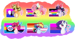 Size: 1280x678 | Tagged: safe, artist:ae4-universes, derpibooru import, applejack, fluttershy, pinkie pie, rainbow dash, rarity, twilight sparkle, twilight sparkle (alicorn), alicorn, earth pony, pegasus, pony, unicorn, alternate design, alternate hairstyle, asexual, asexual pride flag, bisexual pride flag, blushing, bow, chest fluff, curved horn, demiromantic, demiromantic pride flag, eyes closed, eyeshadow, female, freckles, gender headcanon, genderfluid, genderfluid pride flag, grin, hair bow, headcanon, heart, heterochromia, horn, image, lesbian pride flag, lgbt headcanon, makeup, mane six, mare, markings, mouthpiece, panromantic, panromantic pride flag, pansexual pride flag, png, polyamory pride flag, pride, pride flag, redesign, sexuality headcanon, smiling, trans female, transgender, transgender pride flag, twitterina design