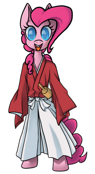 Size: 576x1050 | Tagged: safe, artist:teeny16, derpibooru import, pinkie pie, earth pony, pony, semi-anthro, clothes, colored pupils, crossover, female, kenshin himura, mare, rolling pin, rurouni kenshin, simple background, smiling, transparent background