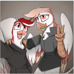 Size: 900x900 | Tagged: safe, artist:sinrar, derpibooru import, part of a set, oc, oc:athena sinclair, oc:hera sinclair, unofficial characters only, anthro, gryphon, clothes, commission, duo, female, hoodie, looking at you, mother and child, mother and daughter, part of a series, peace symbol, selfie, sierra nevada, smiling