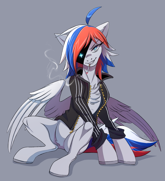 Size: 2345x2575 | Tagged: safe, artist:1an1, derpibooru import, oc, ponified, unofficial characters only, pegasus, pony, badass, cigarette, clothes, cloven hooves, cute, high res, jacket, multicolored hair, multicolored tail, russia, simple background, sitting, smoking, solo