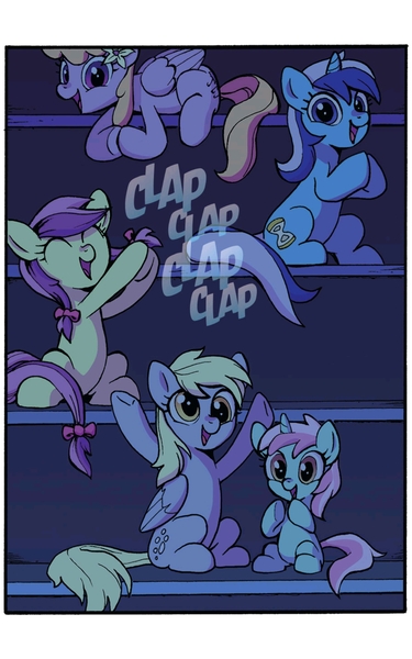 Size: 1200x1920 | Tagged: safe, artist:caseycoller, derpibooru import, idw, derpy hooves, drizzle, lavender fritter, liza doolots, minuette, petunia, tootsie flute, earth pony, pegasus, pony, unicorn, spoiler:comic, spoiler:friendship in disguise, spoiler:friendship in disguise02, background pony, clapping, female, filly, mare, sitting