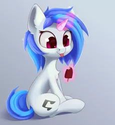 Size: 1288x1408 | Tagged: safe, artist:anti1mozg, derpibooru import, vinyl scratch, pony, unicorn, chest fluff, cute, eating, female, food, glowing horn, horn, magic, mare, popsicle, sitting, solo, tongue out, vinylbetes
