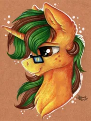 Size: 1600x2125 | Tagged: safe, artist:julunis14, derpibooru import, oc, oc:macter, unofficial characters only, pony, unicorn, bust, freckles, glasses, portrait, smiling, solo, traditional art
