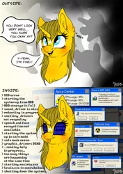 Size: 4093x5787 | Tagged: safe, artist:julunis14, derpibooru import, oc, oc:ayza, unofficial characters only, pony, unicorn, 2 panel comic, anxiety, blue screen of death, blushing, comic, dialogue, error, error message, mental blue screen of death, microsoft, social anxiety, solo, sweat, tongue out, windows, windows xp