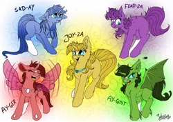 Size: 1024x725 | Tagged: safe, alternate version, artist:julunis14, derpibooru import, oc, unofficial characters only, alicorn, bat pony, bat pony alicorn, changeling, spider, alternate hairstyle, anger (inside out), angry, bat pony oc, bat wings, blank flank, changeling oc, chest fluff, crossover, crying, curved horn, disgust (inside out), disgusted, ear fluff, fear, fear (inside out), hoof fluff, horn, inside out, joy, joy (inside out), sad, sadness, sadness (inside out), scared, smiling, socks (coat marking), star (coat marking), tongue out, wings
