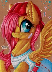 Size: 1600x2216 | Tagged: safe, artist:julunis14, derpibooru import, fluttershy, pegasus, pony, 90s grunge fluttershy, backwards ballcap, bandaid, baseball cap, belt, bust, cap, chest fluff, clothes, cute, ear fluff, female, gameloft, gameloft interpretation, hair over one eye, hat, mare, messy mane, shyabetes, solo, spread wings, tongue out, traditional art, wings
