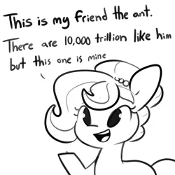 Size: 2250x2250 | Tagged: safe, artist:tjpones, derpibooru import, oc, oc:brownie bun, unofficial characters only, ant, earth pony, insect, pony, black and white, dialogue, female, full metal jacket, grayscale, mare, monochrome, rifleman's creed, simple background, solo, white background