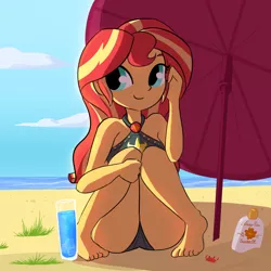 Size: 2250x2250 | Tagged: safe, artist:tjpones, derpibooru import, sunset shimmer, crab, equestria girls, barefoot, beach, beach shorts swimsuit, beach umbrella, bikini, bikini bottom, bikini top, clothes, cute, drink, feet, female, glass, shimmerbetes, sitting, sleeveless, solo, sunscreen, sunset shimmer's beach shorts swimsuit, suntan lotion, swimsuit, umbrella