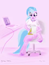 Size: 1024x1366 | Tagged: alicorn, artist:rockhoppr3, bottomless, chair, classical hippogriff, clothes, computer, derpibooru import, desk, featureless crotch, hippogriff, jewelry, laptop computer, necklace, notepad, partial nudity, safe, silverstream, solo, twilight sparkle, webcam, we don't normally wear clothes, zoom