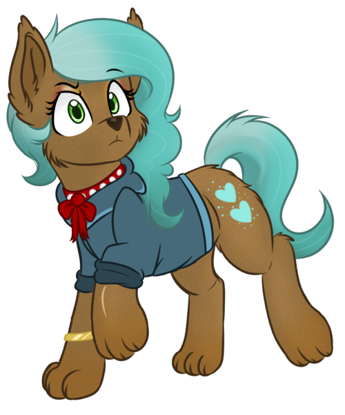 Size: 989x1186 | Tagged: safe, artist:rokosmith26, derpibooru import, oc, oc:starya knight, unofficial characters only, deer, dog, hybrid, bow, bracelet, butt fluff, cheek fluff, clothes, collar, colored, cutie mark, ear fluff, eyeshadow, female, green eyes, heart, jewelry, long hair, long mane, makeup, paws, simple background, solo, transparent background