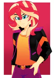 Size: 2000x2898 | Tagged: safe, artist:xan-gelx, derpibooru import, sunset shimmer, equestria girls, belt, clothes, commission, cute, equestria guys, geode of empathy, handsome, high res, jacket, looking at you, magical geodes, male, pants, rule 63, smiling, solo, sunset glare, white border