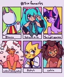 Size: 1561x1885 | Tagged: safe, artist:virtualmotel, derpibooru import, twilight sparkle, anthro, cat, human, pony, unicorn, six fanarts, alphys, animal crossing, anthro with ponies, blanca, blushing, bow, bust, catra, clothes, cookie run, crossover, female, glasses, hair bow, hatsune miku, mare, one eye closed, paws, peace sign, raised hoof, she-ra and the princesses of power, sweat, underpaw, undertale, unicorn twilight, vocaloid, waving, wink