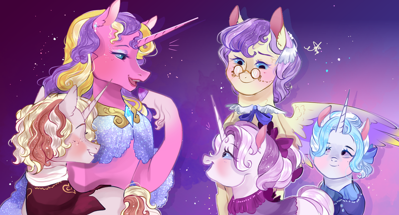 Size: 1230x662 | Tagged: safe, artist:bunnari, derpibooru import, alula, princess skyla, oc, oc:as de coeur, oc:demoiselle enchantée, pegasus, pony, unicorn, cute, female, half-siblings, headcanon, mare, offspring, older, parent:prince blueblood