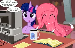 Size: 2577x1670 | Tagged: safe, artist:badumsquish, derpibooru import, princess luna, twilight sparkle, twilight sparkle (alicorn), oc, oc:amy zon, alicorn, mimic, mimic pony, monster pony, original species, amazon.com, apple ii, basement, book, box, coffee, coffee mug, computer, cute, delivery, desk, dialogue, drool, eyes closed, fangs, female, golden oaks library, grin, laboratory, library, mug, open mouth, paper, show accurate, sitting, smiling, talking