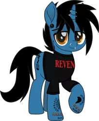 Size: 975x1194 | Tagged: safe, artist:lightningbolt, derpibooru import, ponified, pony, unicorn, .svg available, clothes, ear piercing, frank iero, gauges, horn, horn piercing, lip piercing, male, movie accurate, my chemical romance, nose piercing, piercing, raised hoof, shirt, simple background, solo, stallion, standing, svg, t-shirt, tattoo, transparent background, vector