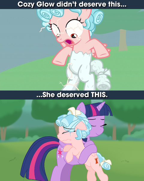 Size: 640x800 | Tagged: safe, artist:chubbypug, derpibooru import, edit, cozy glow, twilight sparkle, alicorn, pegasus, the ending of the end, a better ending for cozy, argument in the comments, caption, cozybetes, cozybuse, cozy deserved this, cozy glow drama, cozylove, crying, cute, drama, duo, female, forgiveness, good end, hug, image macro, meme, op is a duck, op is trying to start shit, op started shit, petrification, punishment, reformed, text, twilight sparkle (alicorn)