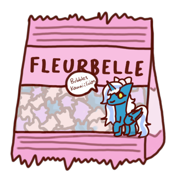 Size: 671x649 | Tagged: safe, artist:lilacowlet, derpibooru import, oc, oc:fleurbelle, unofficial characters only, alicorn, pony, alicorn oc, bag, bow, candy, cute, female, food, hair bow, horn, mare, simple background, solo, speech bubble, transparent background, wings, yellow eyes