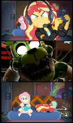 Size: 575x965 | Tagged: safe, derpibooru import, edit, edited screencap, screencap, fluttershy, sunset shimmer, equestria girls, equestria girls series, spoiler:eqg series (season 2), angry, animator's hell, animatronic, clothes, converse, female, five nights at freddy's, fnaf fangame, fnaf oc, lunaticplushtrap, rageset shimmer, scott cawthon, shoes, sunset shimmer frustrated at game, white eyes