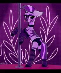 Size: 1911x2271 | Tagged: suggestive, artist:al-lat, derpibooru import, zecora, zebra, bedroom eyes, bipedal, black underwear, blushing, butt, choker, clothes, commission, eyeshadow, female, fishnets, makeup, panties, plot, pole, raised hoof, socks, solo, solo female, stage, stockings, stripper, stripper pole, thigh highs, tongue out, underwear, ych result