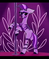 Size: 1911x2271 | Tagged: suggestive, alternate version, artist:al-lat, derpibooru import, zecora, zebra, bedroom eyes, bipedal, blushing, butt, commission, eyeshadow, female, makeup, plot, pole, raised hoof, solo, solo female, stage, stripper, stripper pole, tongue out, ych result