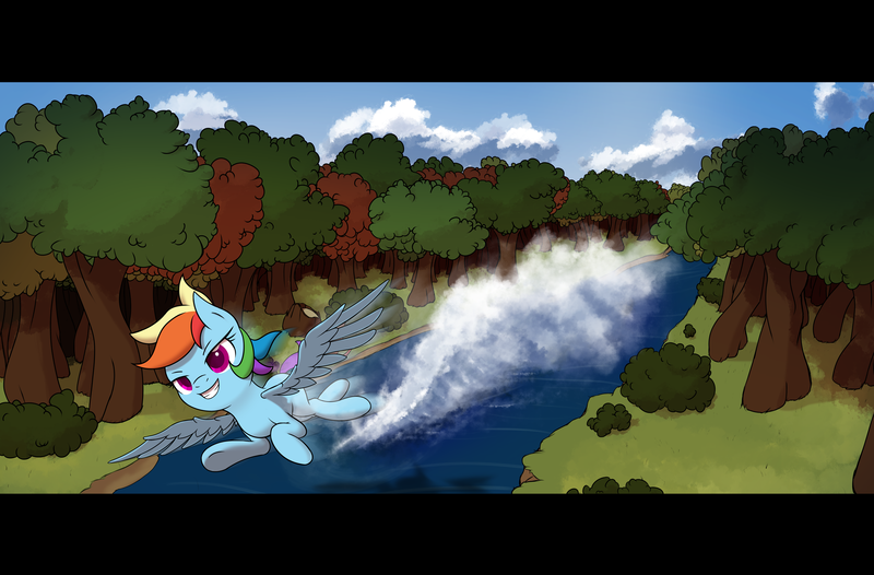 Size: 9000x5915 | Tagged: safe, artist:thehuskylord, derpibooru import, rainbow dash, pegasus, pony, bush, cloud, female, flying, forest, forest background, outdoors, river, scenery, shading, smiling, solo, splash, spread wings, tree, water, wings