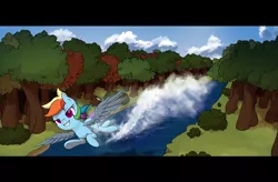 Size: 9000x5915 | Tagged: safe, artist:thehuskylord, derpibooru import, rainbow dash, pegasus, pony, bush, cloud, female, flying, forest, forest background, outdoors, river, scenery, shading, smiling, solo, splash, spread wings, tree, water, wings