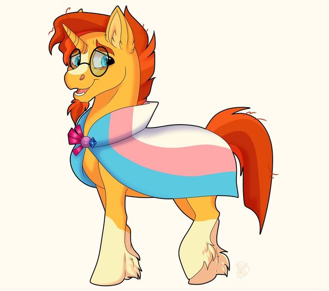 Size: 1280x1133 | Tagged: safe, artist:0llie0ops, derpibooru import, sunburst, pony, unicorn, bisexual pride flag, clothes, cute, ear fluff, gender headcanon, glasses, headcanon, leg fluff, lgbt headcanon, male, markings, open mouth, pride, pride flag, raised hoof, robe, sexuality headcanon, simple background, solo, stallion, sunbetes, sunburst's glasses, sunburst's robe, trans male, transgender, transgender pride flag, yellow background