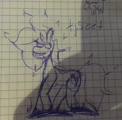 Size: 3057x3023 | Tagged: safe, artist:watashiao, derpibooru import, oc, oc:watashiao, unofficial characters only, unicorn, cyrillic, graph paper, scared, sketch, solo, traditional art