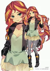 Size: 3541x5016 | Tagged: safe, artist:瑞博, derpibooru import, sunset shimmer, equestria girls, anime, boots, breasts, cleavage, clothes, cute, female, high heel boots, jacket, jeans, leather jacket, looking at you, pants, shimmerbetes, shoes, solo