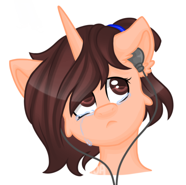 Size: 1080x1073 | Tagged: safe, artist:silentwolf-oficial, derpibooru import, oc, unofficial characters only, pony, unicorn, bust, crying, ear fluff, earbuds, frown, horn, simple background, solo, transparent background, unicorn oc