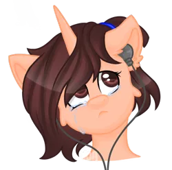 Size: 1080x1073 | Tagged: safe, artist:silentwolf-oficial, derpibooru import, oc, unofficial characters only, pony, unicorn, bust, crying, ear fluff, earbuds, frown, horn, simple background, solo, transparent background, unicorn oc