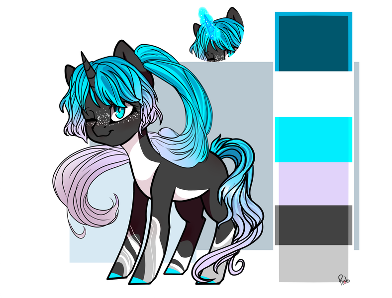 Size: 2806x2137 | Tagged: safe, artist:intfighter, derpibooru import, oc, unofficial characters only, pony, unicorn, colored hooves, freckles, glowing horn, horn, one eye closed, reference sheet, solo, unicorn oc, wink