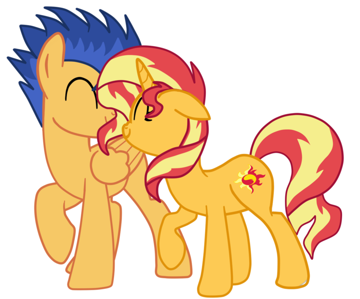 Size: 1244x1033 | Tagged: safe, artist:gmaplay, derpibooru import, flash sentry, sunset shimmer, pegasus, pony, unicorn, blue mane, female, flashimmer, floppy ears, happy, in love, male, multicolored mane, multicolored tail, shipping, simple background, smiling, straight, tomboy, transparent background, vector, yellow fur