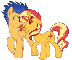 Size: 1244x1033 | Tagged: safe, artist:gmaplay, derpibooru import, flash sentry, sunset shimmer, pegasus, pony, unicorn, blue mane, female, flashimmer, floppy ears, happy, in love, male, multicolored mane, multicolored tail, shipping, simple background, smiling, straight, tomboy, transparent background, vector, yellow fur