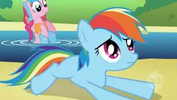 Size: 439x248 | Tagged: safe, derpibooru import, screencap, pinkie pie, rainbow dash, earth pony, pegasus, pony, griffon the brush off, animation error, earth pony rainbow dash, female, frown, happy, mare, markless, missing cutie mark, missing wing, no wing, race swap, scuba diving, scuba gear, smiling, solo, upset, water, wingless