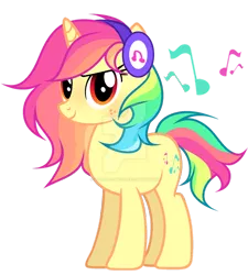 Size: 1024x1137 | Tagged: safe, artist:lazuli, derpibooru import, oc, unofficial characters only, pony, unicorn, confident, deviantart watermark, eyelashes, freckles, headphones, horn, looking at you, multicolored hair, music notes, obtrusive watermark, rainbow hair, simple background, smiling, smiling at you, solo, tomboy, transparent background, unicorn oc, watermark